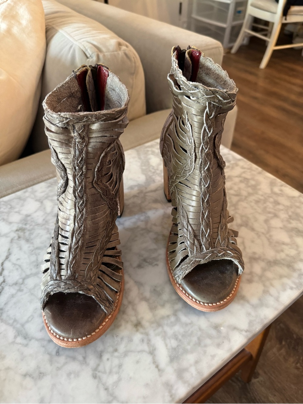 Freebird by Steven Metallic Silver Braided Peep-Toe Heeled Boots